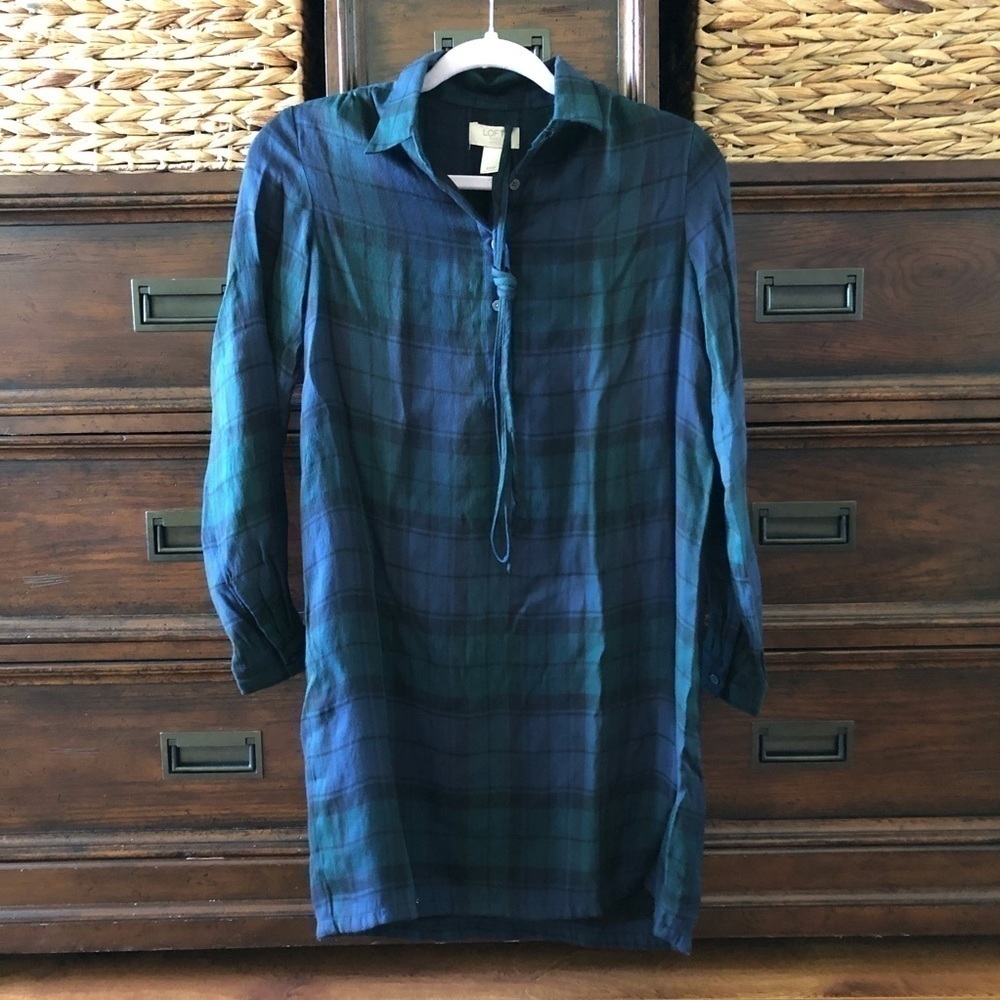 Loft blue and green plaidshirt dress with tie waist in size XXSP